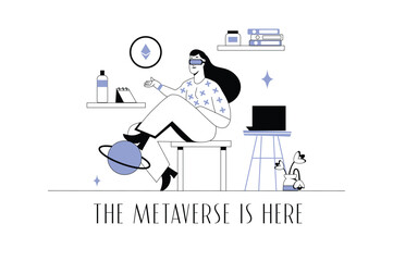 Aufkleber - Metaverse concept wit people scene in the flat cartoon style. The girl got into the metaverse with the help of gadgets while staying at home. Vector illustration.
