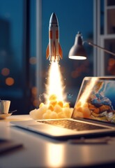 Rocket taking off from laptop screen, concept of innovation and digital progress. Generative AI