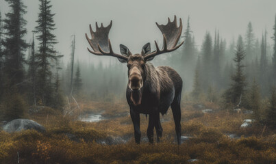 Photo of moose, towering above a misty, moss-covered bog, its majestic antlers crowned with fresh foliage. Generative AI