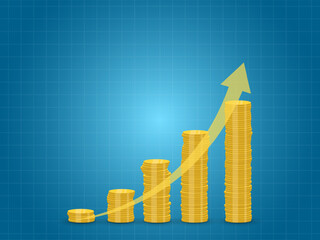 Poster - Stack of coins rising and arrow - concept of money growth and investment