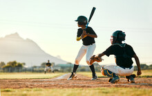 Baseball, Sports And Players On A Field For A Game, Training And Competition. Team Challenge, Waiting And Boys On A Pitch For Professional Sport, Practicing And Batting In A League For Action
