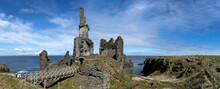 Ruin And Bridge Of Castle Sinclair Girnigoe. Wick. Scotland . Nose Head. Northsea Coast. Panorama. 