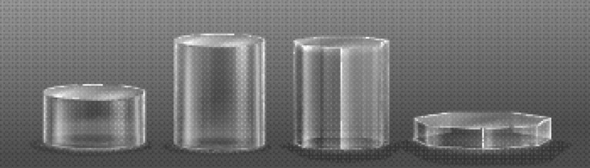 Poster - 3d glass transparent clear stand podium display box isolated on background. Empty crystal pedestal platform for product showcase or presentation. Minimal realistic plastic square and cylinder stand