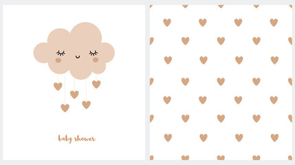 Wall Mural - Cute Vector Prints. Sweet Smiling Cloud with Dropping Hearts. Lovely Baby Shower Card. Gender Neutral. Seamless Vector Pattern with Rain of Hearts on a White Background. Baby Shower Party Invitation.