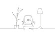 Continuous one line drawing of armchair and lamp and potted plant. Scandinavian stylish furniture in simple Linear style. Doodle vector illustration stock illustration.