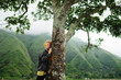 © Evgenii - A young, beautiful girl hugs a tree in nature, against the backdrop of green mountains and enjoys life.