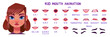 © klyaksun - Caucasian teen girl mouth animation set isolated on white background. Vector cartoon illustration of female head, brows, lip sync collection with sound pronunciation, happy, sad, neutral emotions