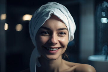 Wall Mural - Hygiene personal care, happy beautiful young caucasian woman with towel on head in bathroom after shower looking at camera. Generative AI female portrait