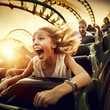 Unforgettable Excitement: Woman Enjoys Thrilling Rollercoaster Ride at Amusement Park, Created with Generative AI and Other Techniques