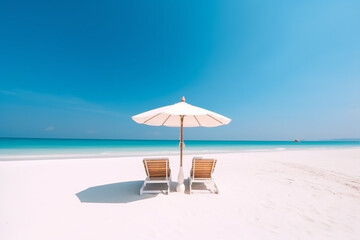 Beautiful beach banner, White sand chairs and umbrella travel tourism wide panorama background concept, Amazing beach landscape