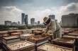 A photo showcasing an urban beekeeper maintaining rooftop beehives, with a cityscape backdrop, symbolizing the integration of sustainable practices in urban environments.