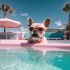 Wall Mural - Image of a french bulldog with sunglasses swimming in the pool in a backyard on a sunny day.