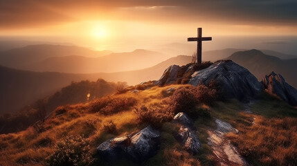 Wall Mural - religious symbol of Christian faith cross crucifixion on top of a mountain at sunset. Generative AI illustration