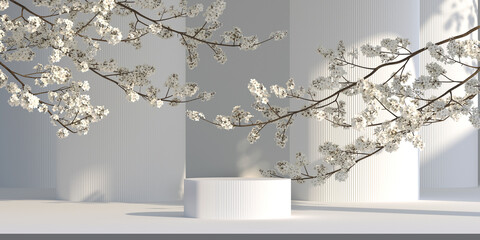 Wall Mural - japanese style architect and sakura tree with podium white background.3d background concept for bran