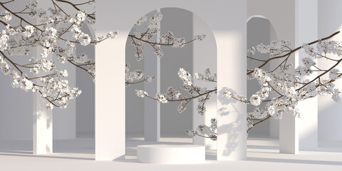 Wall Mural - japanese style architect and sakura tree with podium white background for product presentation .3d r
