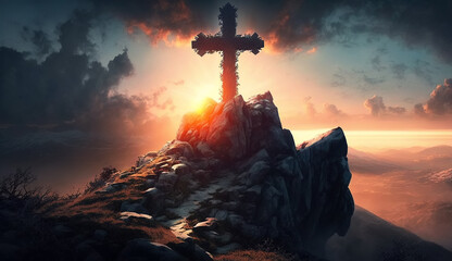 Wall Mural - religious christian cross crucifixion on top of mountain at sunset. Generative AI illustration