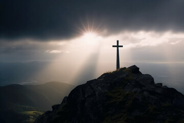 religious christian cross crucifixion on top of mountain at sunset with sun rays. Generative AI illustration