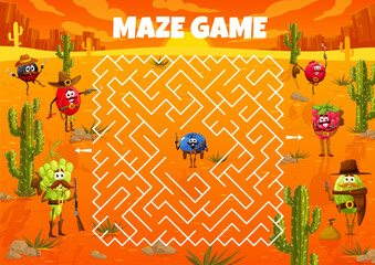 Poster - Labyrinth maze, cartoon Wild West ranger, cowboy and bandit berry characters. Kids labyrinth maze game quiz vector worksheet to find way for blueberry, gooseberry sheriff and cranberry or raspberry