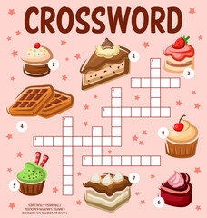Aufkleber - Cakes, cupcakes and desserts. Crossword puzzle worksheet. Find a word quiz game grid, children crossword puzzle, wordsearch vector game or riddle with cake, waffles, muffin and berry cheesecake