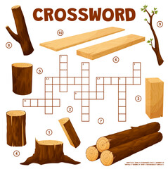 Aufkleber - Timber and lumber crossword grid. Find a word quiz game. Vector worksheet with stump, firewood, bar and timber. Trunk, lumber and log, branch, twig or plank. Family recreational vocabulary brainteaser