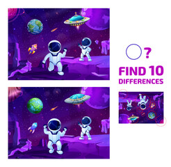 Poster - Find ten differences on space landscape with astronauts and galaxy planets. Objects comparing game, difference search vector quiz worksheet with astronauts personages on planet surface, UFO starship