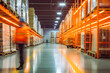 © VisualProduction - Modern warehouse interior. People in motion blur. Huge warehouse storage space with people hurrying to do their job. Generative AI