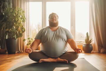 Obese overweight man practicing yoga at home. Active lifestyle, fitness and healthy habits concept. Generative AI