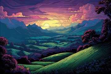 Wall Mural - sunset landscape with mountains art. generative ai.