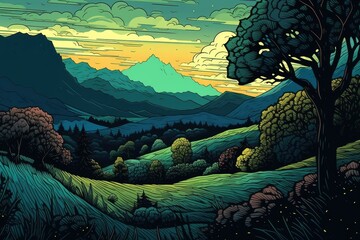 Wall Mural - sunset landscape with mountains art. generative ai.