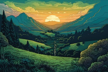 Wall Mural - sunset landscape with mountains art. generative ai.
