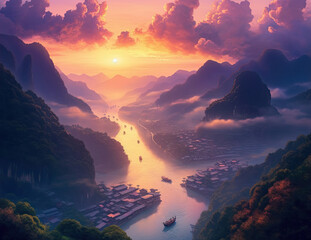Wall Mural - sunset in the mountains over the river. generative ai.