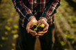 © La Famiglia - Farmer hand holding young plant. Top view. Banner. New life, eco, sustainable living, zero waste, plastic free, earth day, investment concept. Gospel spreading. Nurturing baby plant, protect nature