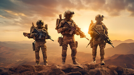 Wall Mural - Squad of Three Fully Equipped and Armed Soldiers Standing on Hill in Desert Environment in Sunset Light Generative AI