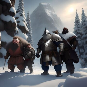 Three Dwarves Exploring the Wintery Cold Land of the Giant Trolls