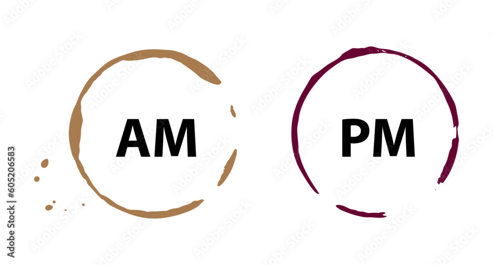 AM PM Icon, Morning Coffee Time, Evening Wine Time Symbol, Day and Night Sign