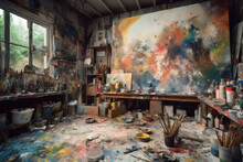 A Photo Of An Artist's Studio, Showing Off Canvases, Paintbrushes, And Splatters Of Paint, Representing The Creative Chaos And Artistic Process.