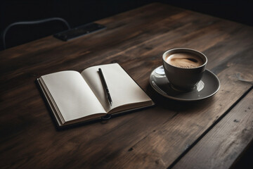 Wall Mural - An image of an open notebook alongside a cup of coffee on a wooden table, symbolizing a morning routine of planning and reflection.