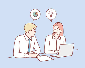 Wall Mural - man and woman discussing work . hand drawn style vector design illustrations.