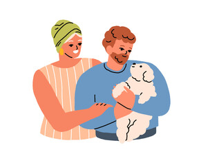 Happy family couple holding adopted puppy. Smiling man and woman with cute adorable little dog in hands. Wife, husband and doggy, canine animal. Flat vector illustration isolated on white background