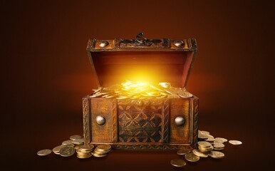 Poster - Pandora box, retro old chest with bright  light and gold