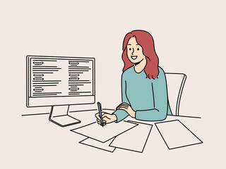 Smiling girl sit at desk working on computer taking notes. Happy woman employee study on PC handwrite data on paper. Digital learning and IT class. Vector illustration. 