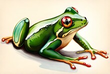 Illustration Of A Green Frog With Red Eyes On A White Background (Ai Generated)