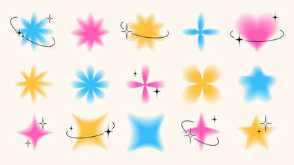 Poster - Trendy Y2K blurred objects, flowers, stars, heart and sparks. Group of retro graphic design elements with decorative stars and black frames.