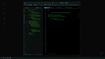 Fototapete - Software Backend Mock-up with Different Windows With Code Open Up. Dark Project Monitoring Interface with Programming Environments. Template for Computer Displays and Laptop Screens.