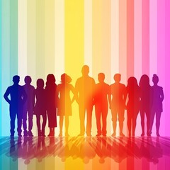 Silhouette group of adult people transgender men and women with rainbow colors. Generative AI