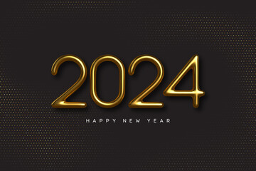Wall Mural - Gold 2024 Happy New Year. 3d metallic golden numbers on black background. Luxury glitter dotted pattern. Vector illustration.