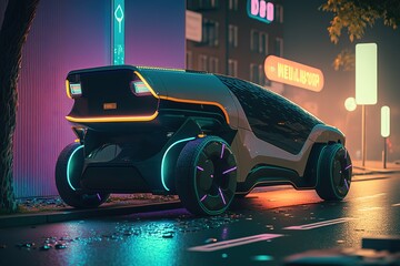 Fototapete - Car is driving through the city, side view. Sports car, futuristic autonomous vehicle. HUD car. Generative AI
