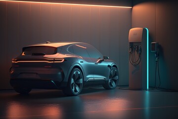 Poster - The car stands in a parking lot in neon light, rear view. Sports car, futuristic autonomous vehicle. HUD car. Generative AI