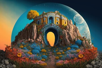 Poster - Unusual stone palace with large bright flowers at the entrance under the starry sky. Generative AI