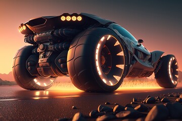 Fototapete - Modern car stands in the city, side view. Sports car, futuristic autonomous vehicle. HUD car. Generative AI